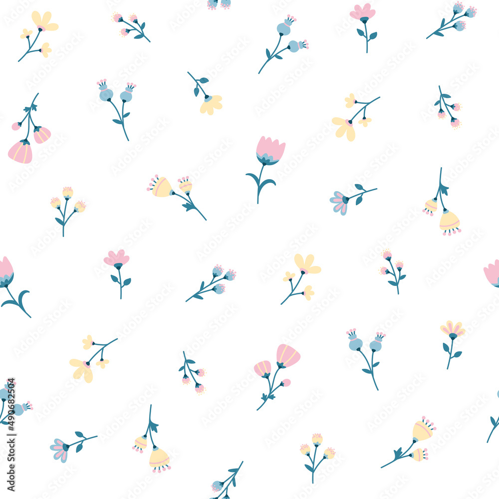 Vector flower seamless pattern on white background. small delicate flowers in pastel colors