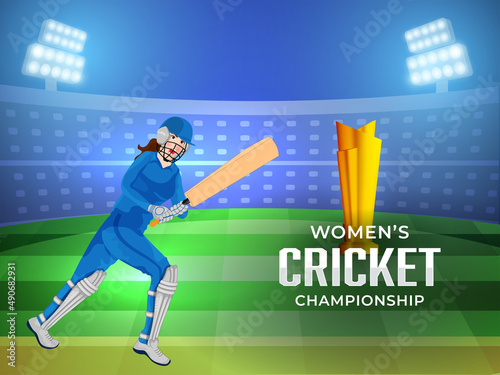 Women's Cricket Championship Concept With Female Batter Player In Player Pose, Winning Trophy Cup On Blue And Green Stadium Background.