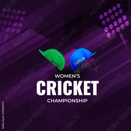 Women's Cricket Championship Concept With Participating Countries Helmets On Abstract Purple Background.