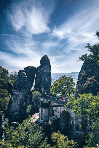 Basteibrücke vom Ferdinandstein. Wunderschöne Panorama Landschaften in Bad Schandau, dem Kurort in der Sächsischen Schweiz.  photo