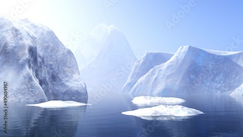 Leinwand Poster Iceberg in the ocean, arctic ocean with ices, melting glacier, 3d rendering