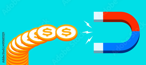 Magnet for money. Coin attraction. Loadstone icon in flat style, simple tool on color background. Vector design element for you project 