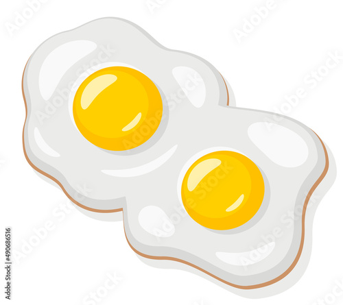 Two fried eggs on a white background. Top view.