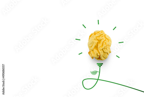 Creative and innovative ideas with yellow paper balls instead of light bulbs. and stripes drawn on white background.