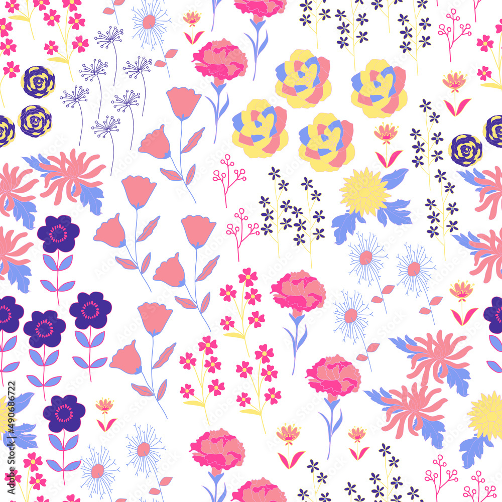 Fototapeta premium Hand drawn blooming floral garden seamless design
