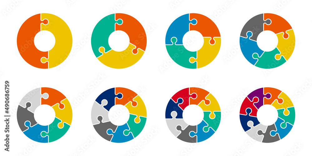 Jigsaw Infographic pie chart set. Cycle collection 2,3,4,5,6,7 and 8