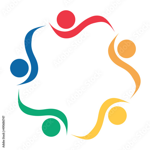 Group of five people in a circle.Teamwork meeting.people are meeting in the room.