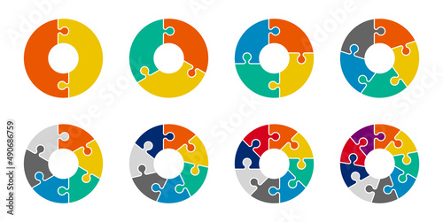 Jigsaw Infographic pie chart set. Cycle collection 2,3,4,5,6,7 and 8 section Circle
