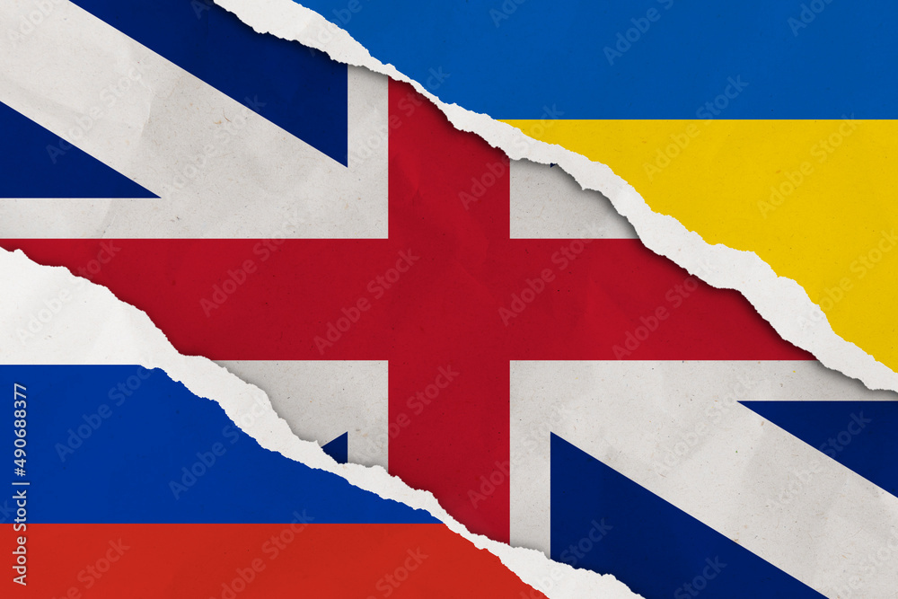 Obraz premium Ukraine, Russia, Britain flag ripped paper grunge background. Abstract Ukraine Russia politics conflicts, war concept texture background.