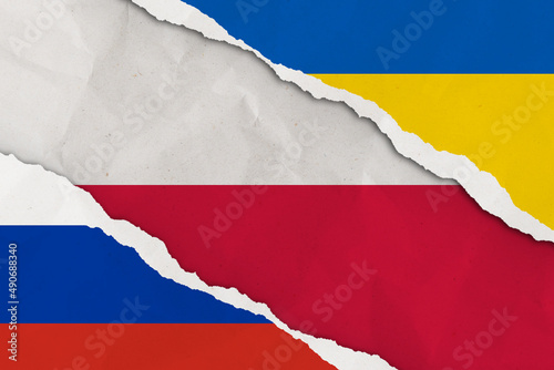 Ukraine, Russia, Poland flag ripped paper grunge background. Abstract Ukraine Russia politics conflicts, war concept texture background.