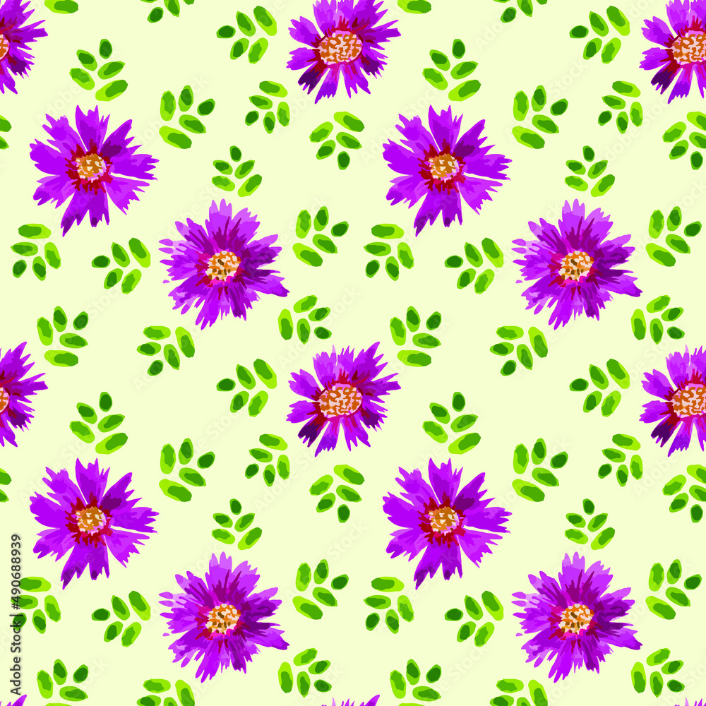 Purple daisies and leaves are rhythmically arranged against a light green background. Seamless floral watercolor background. Vector illustration.