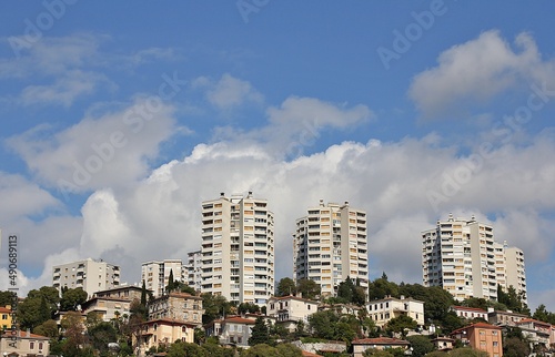 high blocks on a hill, estate of houses and blocks on hills, above the city, high blocks in the clouds, housing estate in Croatia, city of Rijeka, houses surrounded by greenery