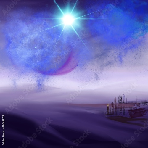 Space landscape, blue star, moon, blue sun, desert, other planet, abandoned station