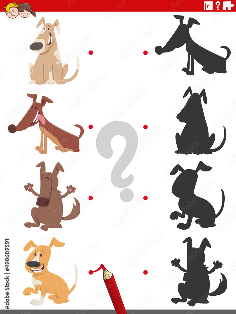 educational shadow task with funny cartoon dogs educational shadow task with funny cartoon dogs