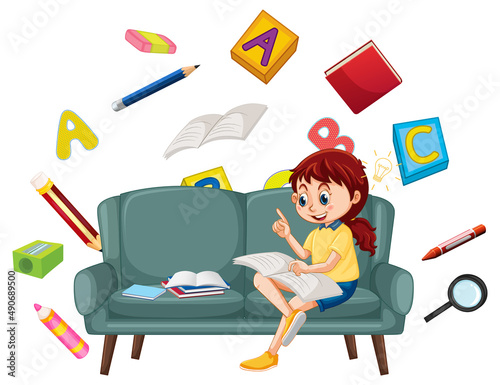A girl read books on white background