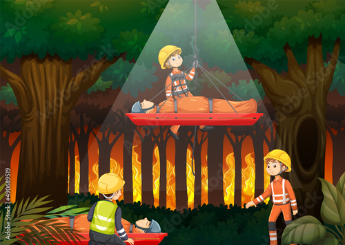 Wildfire scene with firerman rescue in cartoon style