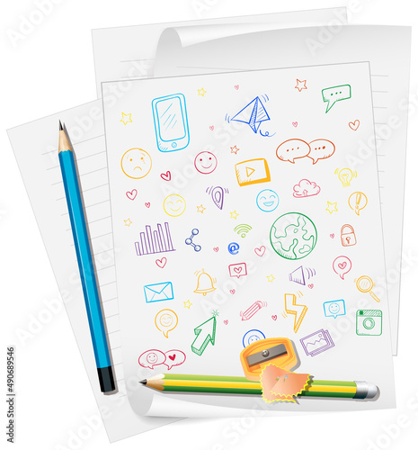 Hand drawn doodle icons on paper with pencils