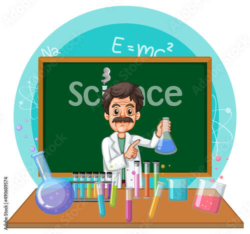 Scientist man cartoon character with laboratory equipments