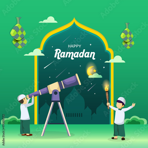Ramadan Kareem, Muslim people search at the sky with a telescope for the new moon that signals the start of the Holy month of Ramadan vector illustration
