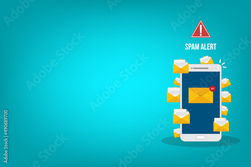 Spamming concept, a lot of emails on the screen of a smart phone. Email box hacking, spam warning. Vector illustration.	