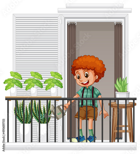 A boy watering plants on the balcony
