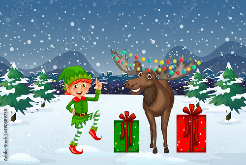 Snowy night scene with Christmas cartoon characters