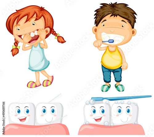 Happy kid flossing teethand brushing teeth with big teeth on white background