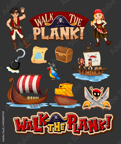 Set of pirate cartoon characters and objects