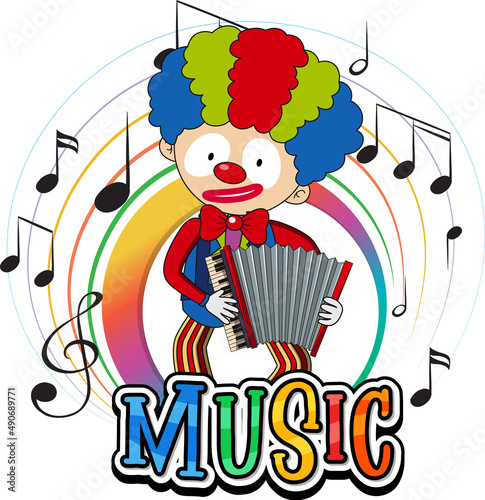 Clown playing accrodion with music notes on white background