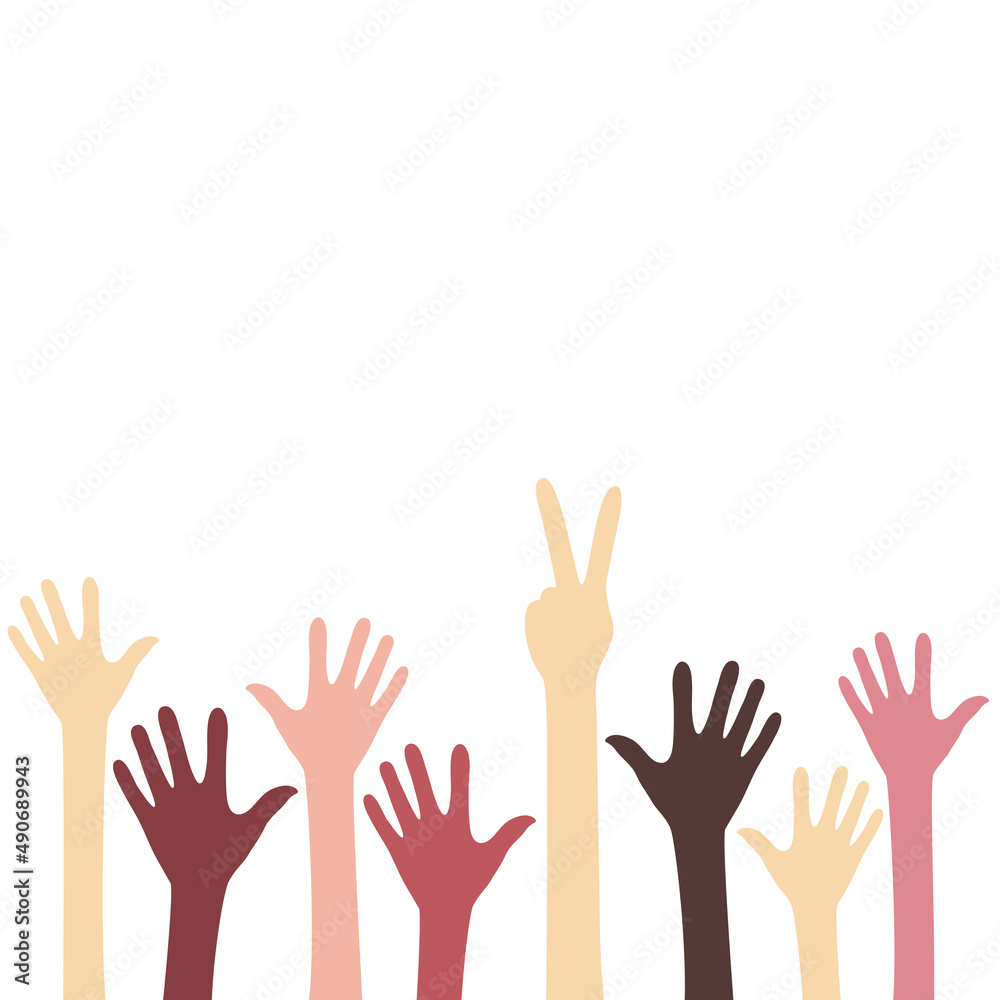 Hands of people with different skin colors and a hand with a peace sign. Inclusion concept. Equality of people. Hands of people with different skin colors and a hand with a peace sign. Inclusion concept. Equality of people.