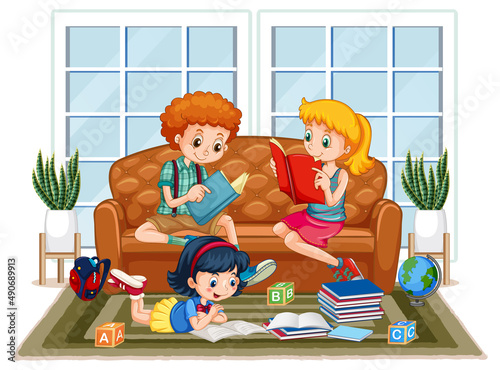 Children reading books at home