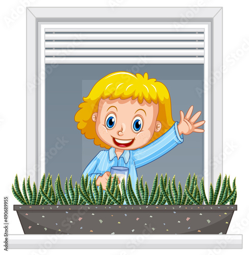 View through the window of a girl cartoon character