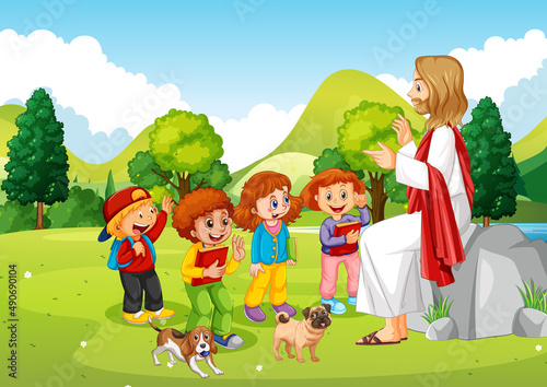 Fototapeta Naklejka Na Ścianę i Meble -  Jesus and children at the park