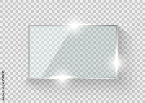 Glass frame. Realistic glossy button. Vector glass border on trnsparent background.