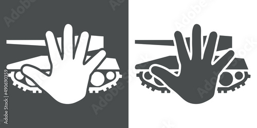 No a la guerra. Silueta de mano sobre tanque en fondo gris y fondo blanco