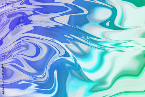 Abstract textured iridescent multicolored liquid background in blue and green tones.