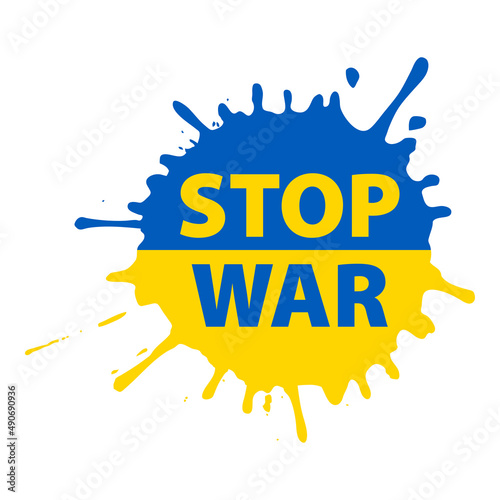 No a la guerra. Mensaje Stop War sobre silueta de salpicadura de sangre en color azul y amarillo. Bandera de Ucrania