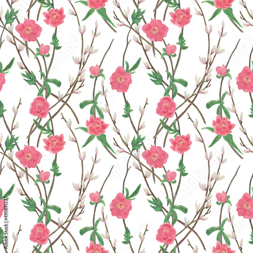 Watercolor painting seamless pattern with spring branch bud and flowers