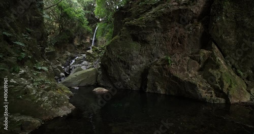 Splashing waterfall in winter in Numazu Shizuoka wide shot photo