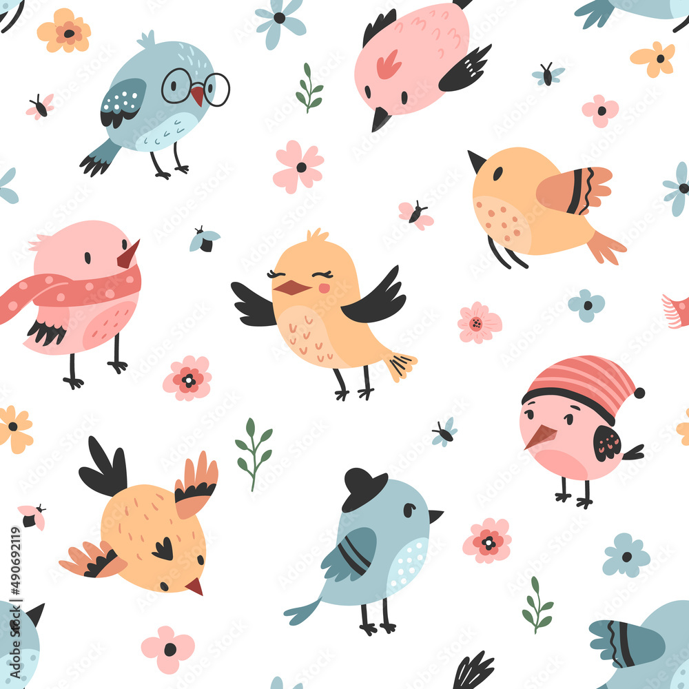 Bird pattern, childish seamless background. Perfect for fabric, textile, wrapping, wallpaper, apparel. Hand drawn vector illustration Bird pattern, childish seamless background. Perfect for fabric, textile, wrapping, wallpaper, apparel. Hand drawn vector illustration