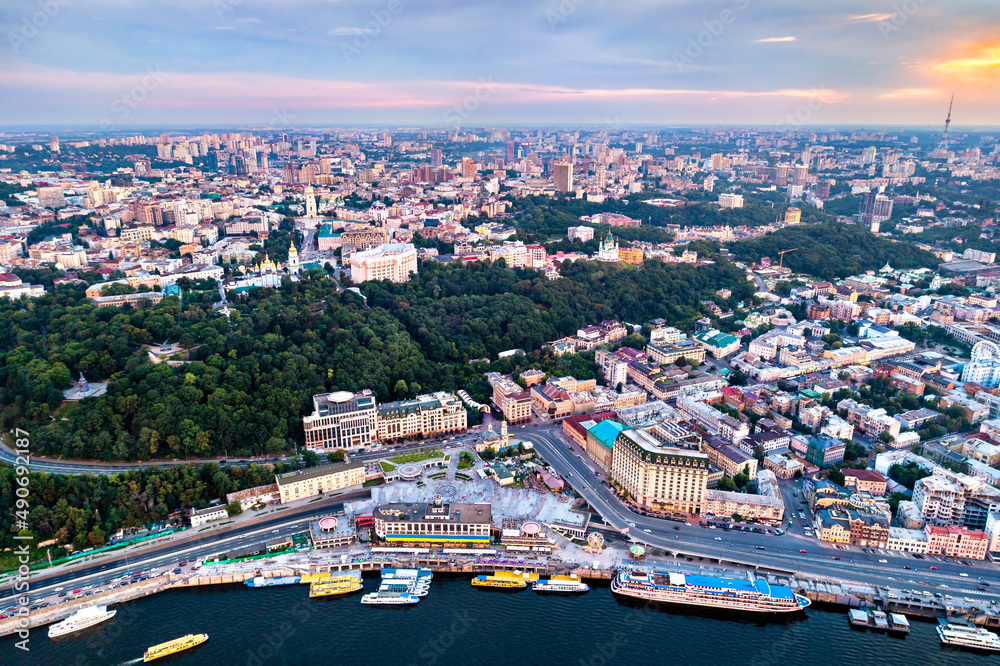 Aerial view of River Port, Podil and Postal Square in Kiev, the capital of Ukraine, before the war with Russia