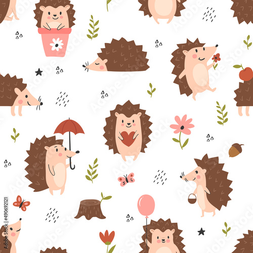 Animal childish pattern with cute hedgehogs, seamless vector background,