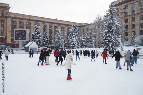 Dnipro, Dnepropetrovsk region, Ukraine 01 07 2022. People skate on the rink.
