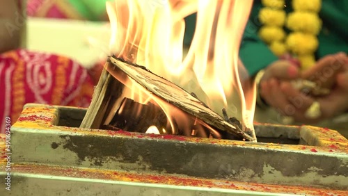 Flame of Havan kund, Hindu ritual for peace and worship god, Indian Spiritual activity, Way of praying god | Selective focused photo