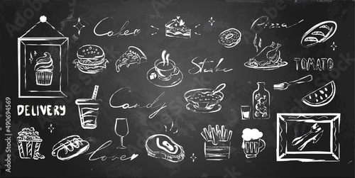 Vector Fastfood and cafe menu set with handwritten words and frames. White chalk lines on blackboard, chalkboard.