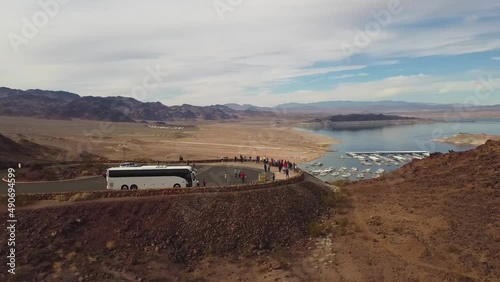 Aerial view visitors on a parking lot looking at Lake Mead, Nevada
