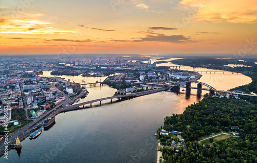 Aerial view of the Dnieper river with bridges in Kiev, Ukraine, before the war with Russia