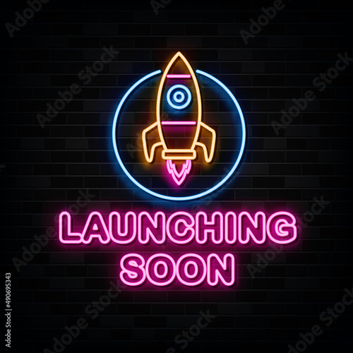 Launching Soon Neon Signs Vector. Sign Symbol