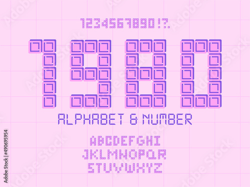 Retro pixel font. Letters and numbers in the style of gaming 80s, 90s. Flat digital pixel style. Old classic videogame or level final. Vector illustration.