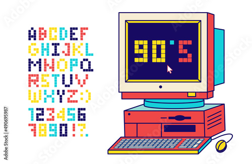 Retro pixel font. Letters and numbers in the style of gaming 80s, 90s. Flat digital pixel style. Old classic videogame or level final. Vector illustration.